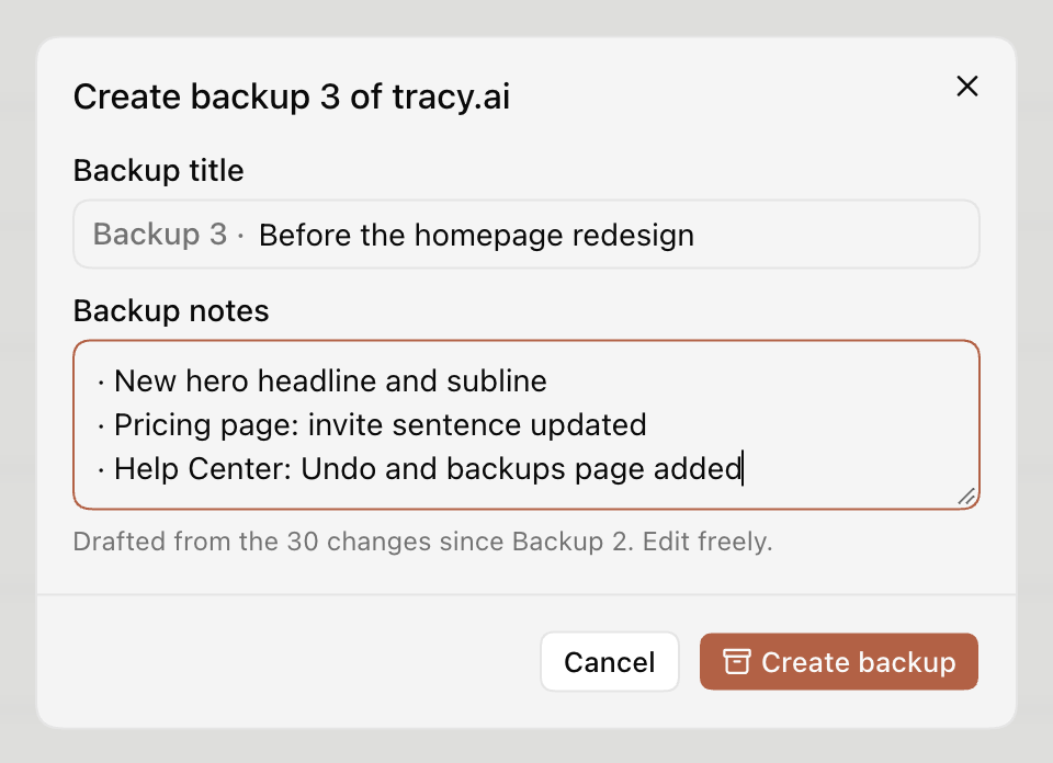 Crea un backup: un titolo e le note che Tracy prepara a partire dalle modifiche fatte dopo l’ultimo backup