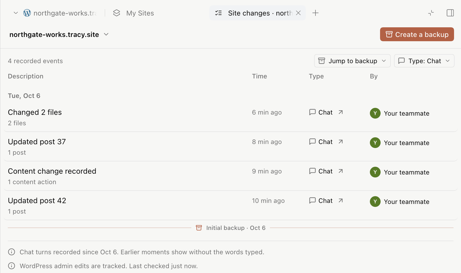 Modifiche al sito filtrate per Chat: pagine aggiornate, una modifica ai contenuti e una al design, ognuna con l’ora e chi l’ha chiesta