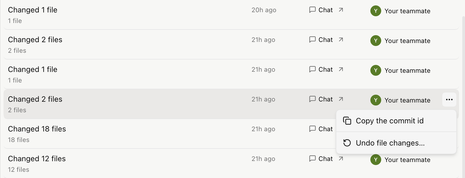 Una modifica in Modifiche al sito con il menu aperto su «Annulla modifiche ai file…»